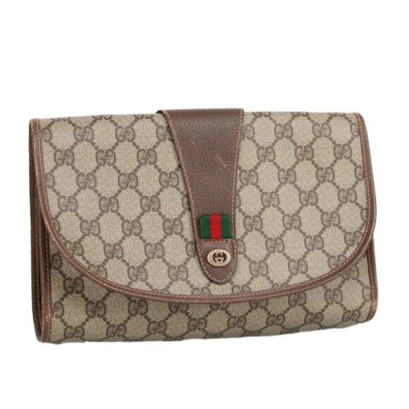 GUCCI GG Supreme Web Sherry Line Clutch Bag PVC Beige Red - Picture 1 of 15